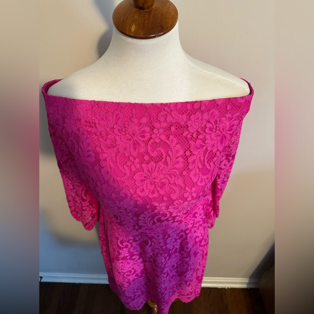 Trina Turk Fuchsia Hot Pink Lace Off the Shoulder Dress - Picture 9 of 16